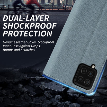 Anti-scratch Wallet Case for Samsung Galaxy A12 Litchi Texture Genuine Cow Leather Stand Phone Cover