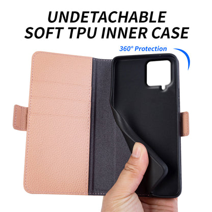 Anti-scratch Wallet Case for Samsung Galaxy A12 Litchi Texture Genuine Cow Leather Stand Phone Cover