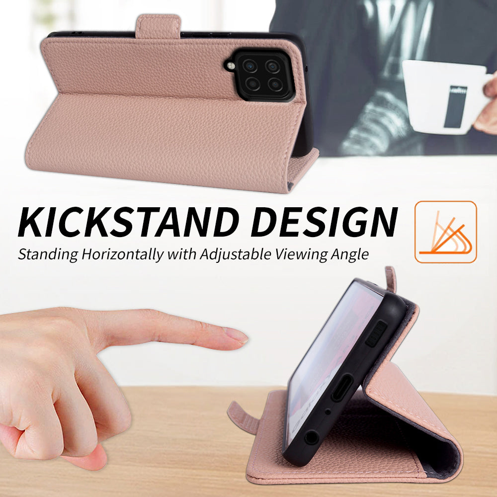 Anti-scratch Wallet Case for Samsung Galaxy A12 Litchi Texture Genuine Cow Leather Stand Phone Cover