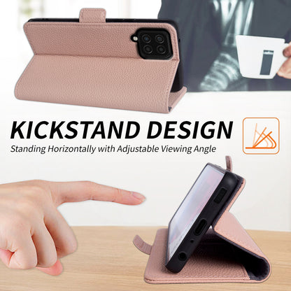 Anti-scratch Wallet Case for Samsung Galaxy A12 Litchi Texture Genuine Cow Leather Stand Phone Cover