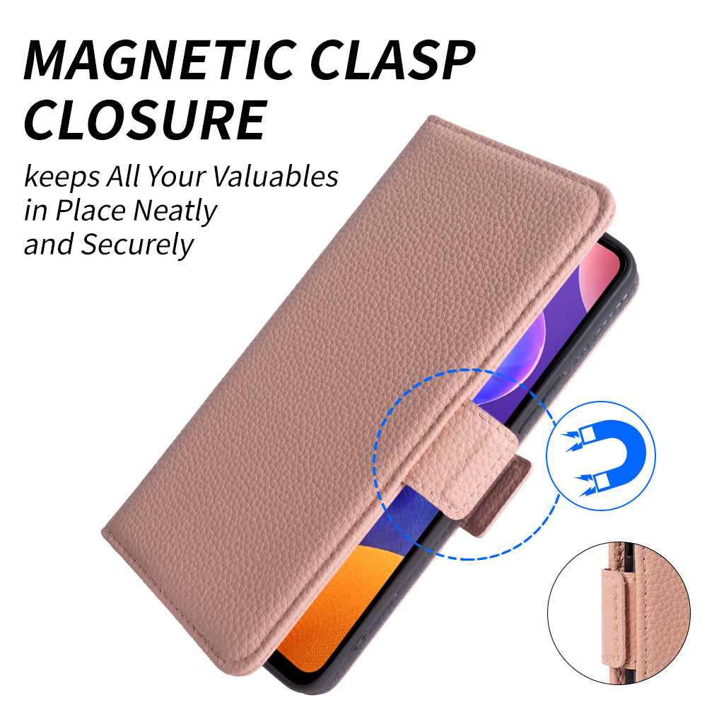 Anti-scratch Wallet Case for Samsung Galaxy A12 Litchi Texture Genuine Cow Leather Stand Phone Cover