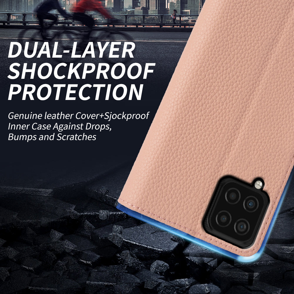 Anti-scratch Wallet Case for Samsung Galaxy A12 Litchi Texture Genuine Cow Leather Stand Phone Cover