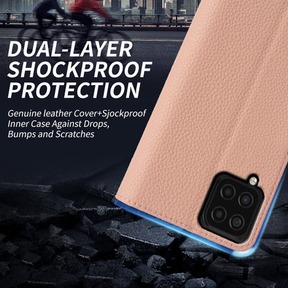 Anti-scratch Wallet Case for Samsung Galaxy A12 Litchi Texture Genuine Cow Leather Stand Phone Cover