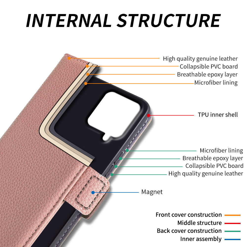 Anti-scratch Wallet Case for Samsung Galaxy A12 Litchi Texture Genuine Cow Leather Stand Phone Cover
