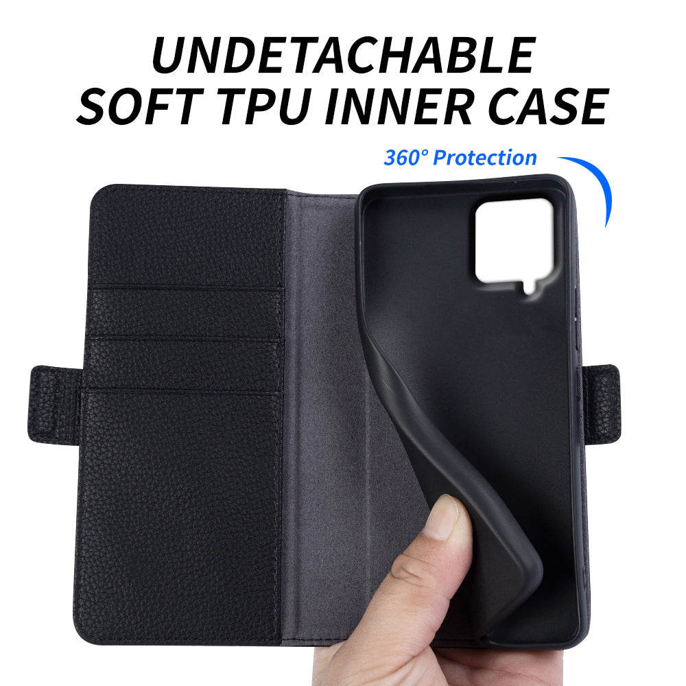 Anti-scratch Wallet Case for Samsung Galaxy A12 Litchi Texture Genuine Cow Leather Stand Phone Cover