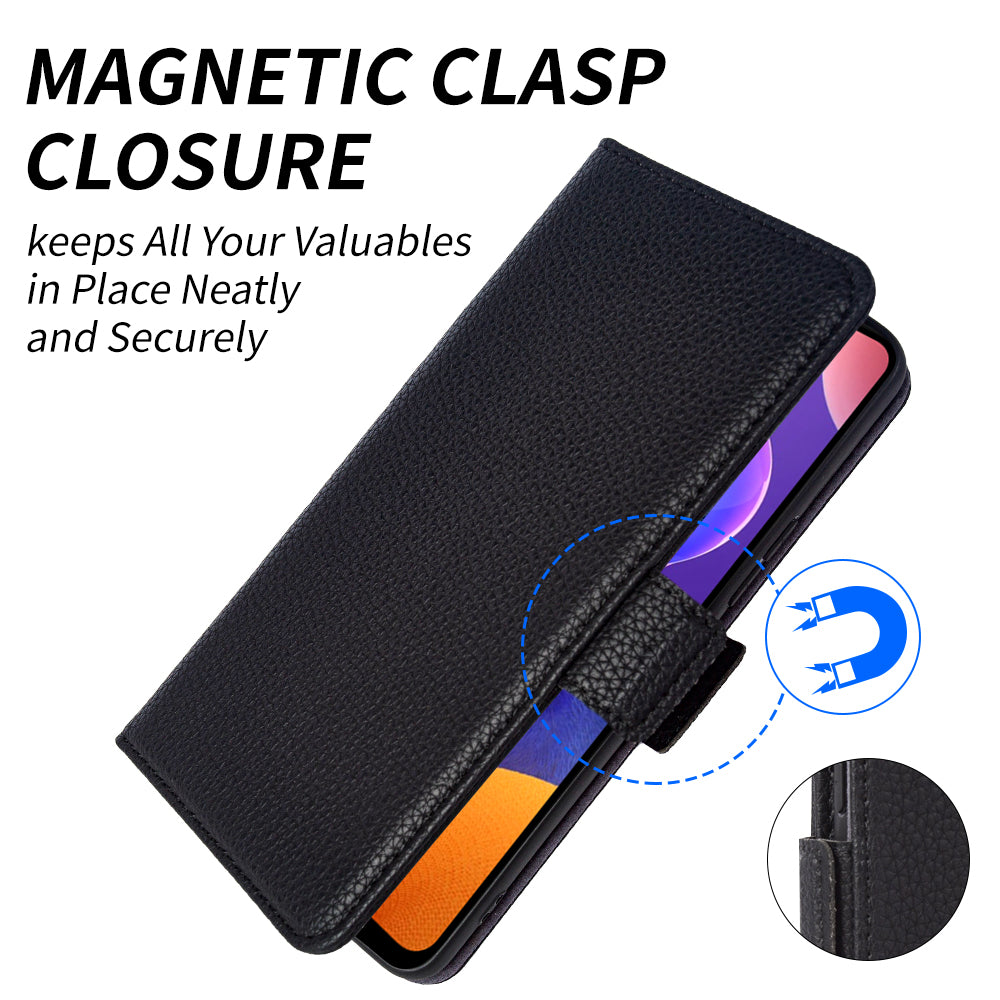 Anti-scratch Wallet Case for Samsung Galaxy A12 Litchi Texture Genuine Cow Leather Stand Phone Cover