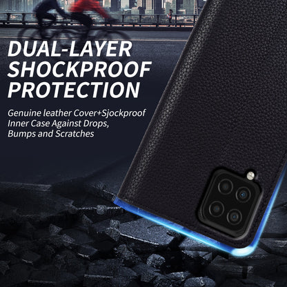 Anti-scratch Wallet Case for Samsung Galaxy A12 Litchi Texture Genuine Cow Leather Stand Phone Cover
