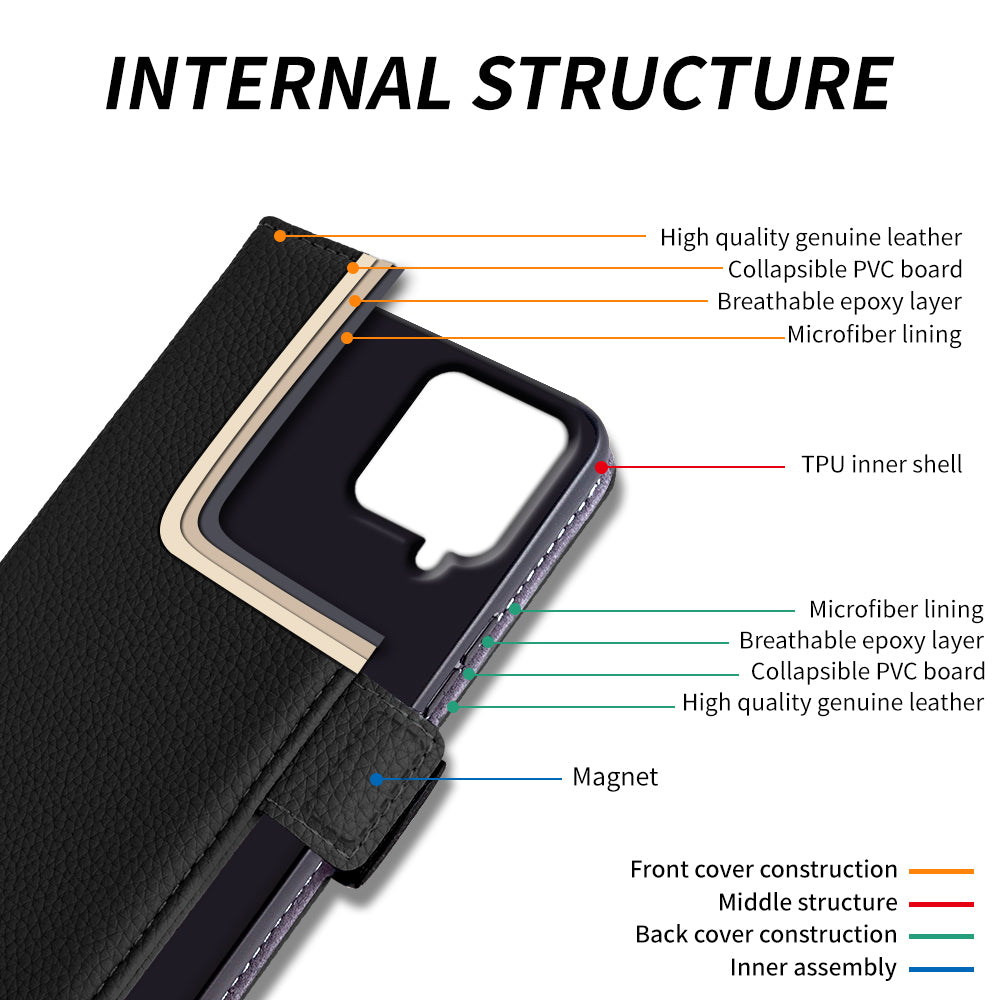 Anti-scratch Wallet Case for Samsung Galaxy A12 Litchi Texture Genuine Cow Leather Stand Phone Cover