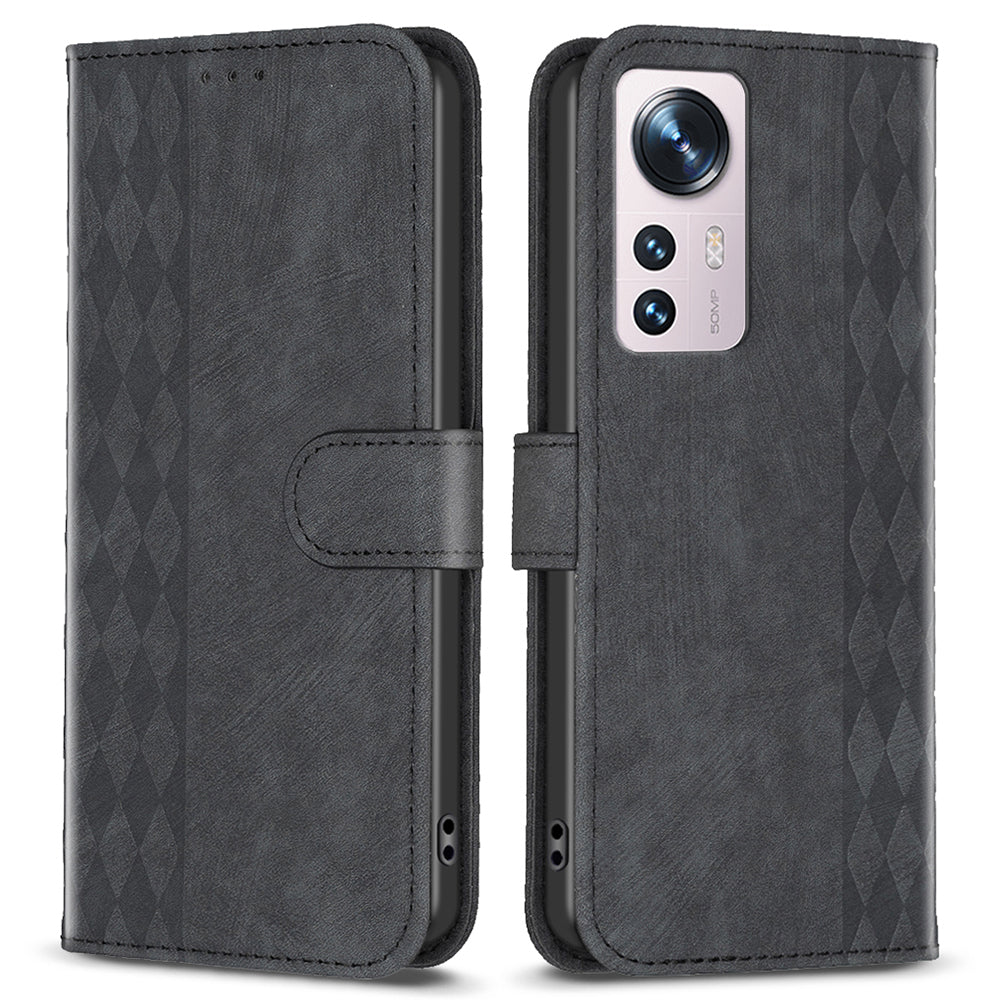Grid Pattern Imprinted Cover for Xiaomi 12 5G / 12X 5G / 12S 5G Phone Case Stand Wallet PU Leather Shell