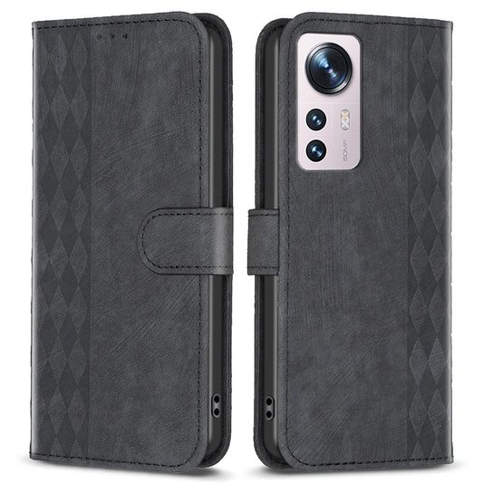 Grid Pattern Imprinted Cover for Xiaomi 12 5G / 12X 5G / 12S 5G Phone Case Stand Wallet PU Leather Shell
