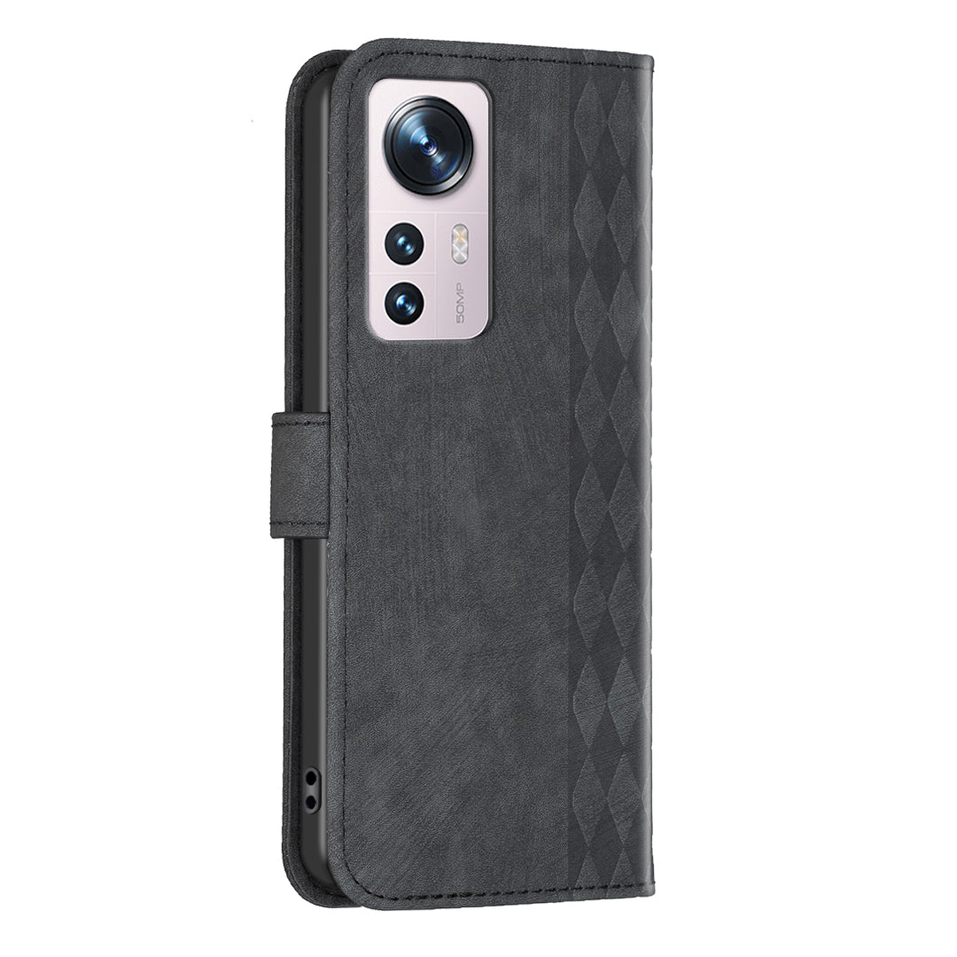 Grid Pattern Imprinted Cover for Xiaomi 12 5G / 12X 5G / 12S 5G Phone Case Stand Wallet PU Leather Shell