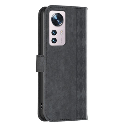 Grid Pattern Imprinted Cover for Xiaomi 12 5G / 12X 5G / 12S 5G Phone Case Stand Wallet PU Leather Shell