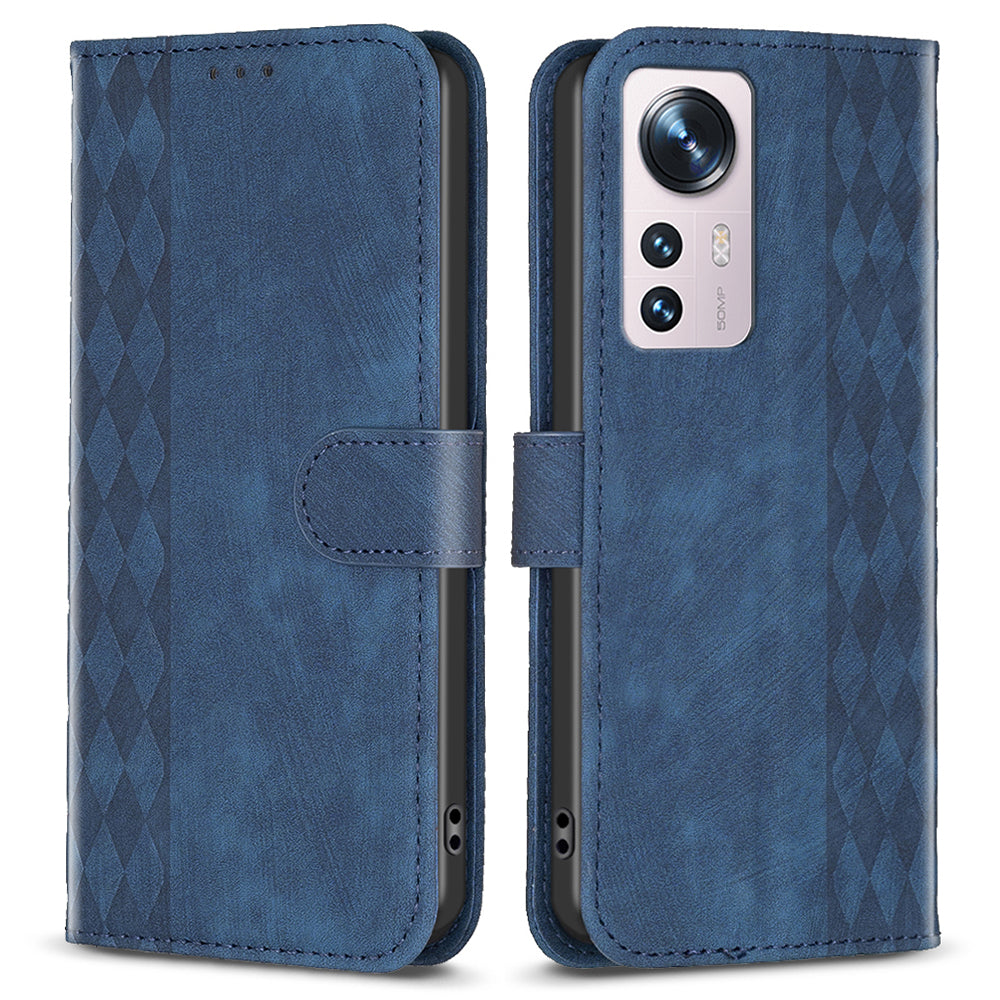 Grid Pattern Imprinted Cover for Xiaomi 12 5G / 12X 5G / 12S 5G Phone Case Stand Wallet PU Leather Shell