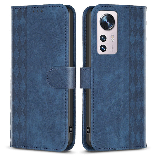 Grid Pattern Imprinted Cover for Xiaomi 12 5G / 12X 5G / 12S 5G Phone Case Stand Wallet PU Leather Shell