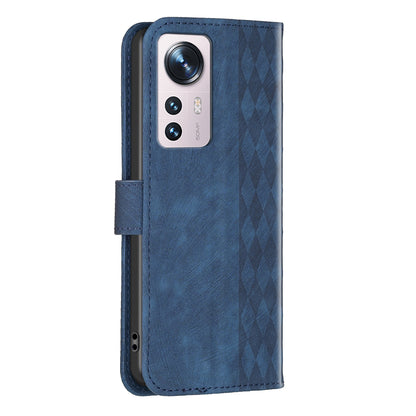 Grid Pattern Imprinted Cover for Xiaomi 12 5G / 12X 5G / 12S 5G Phone Case Stand Wallet PU Leather Shell