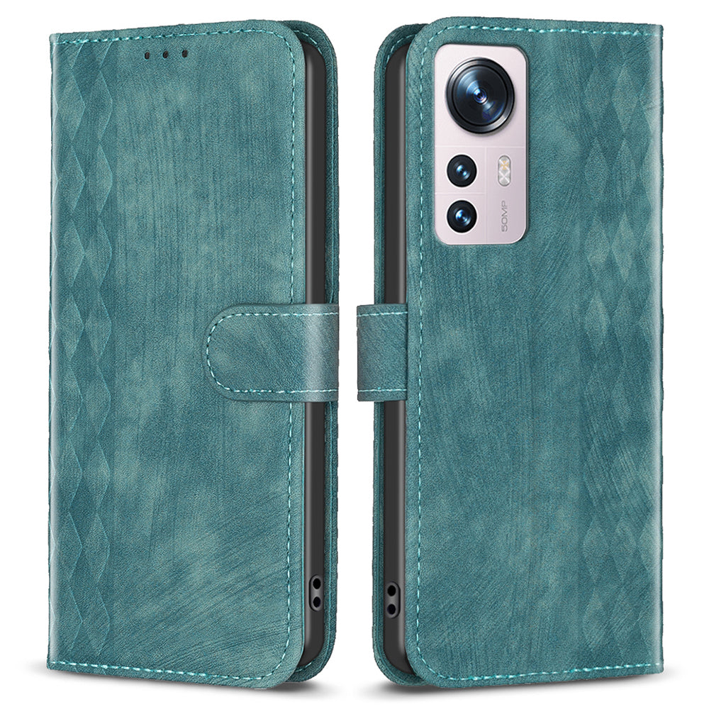Grid Pattern Imprinted Cover for Xiaomi 12 5G / 12X 5G / 12S 5G Phone Case Stand Wallet PU Leather Shell