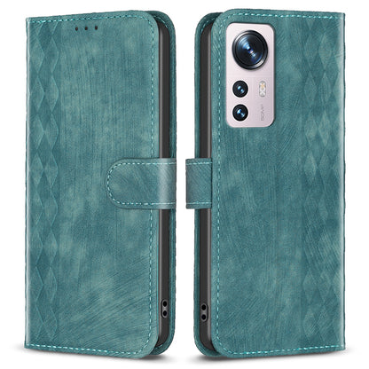 Grid Pattern Imprinted Cover for Xiaomi 12 5G / 12X 5G / 12S 5G Phone Case Stand Wallet PU Leather Shell
