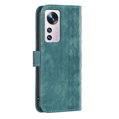 Grid Pattern Imprinted Cover for Xiaomi 12 5G / 12X 5G / 12S 5G Phone Case Stand Wallet PU Leather Shell