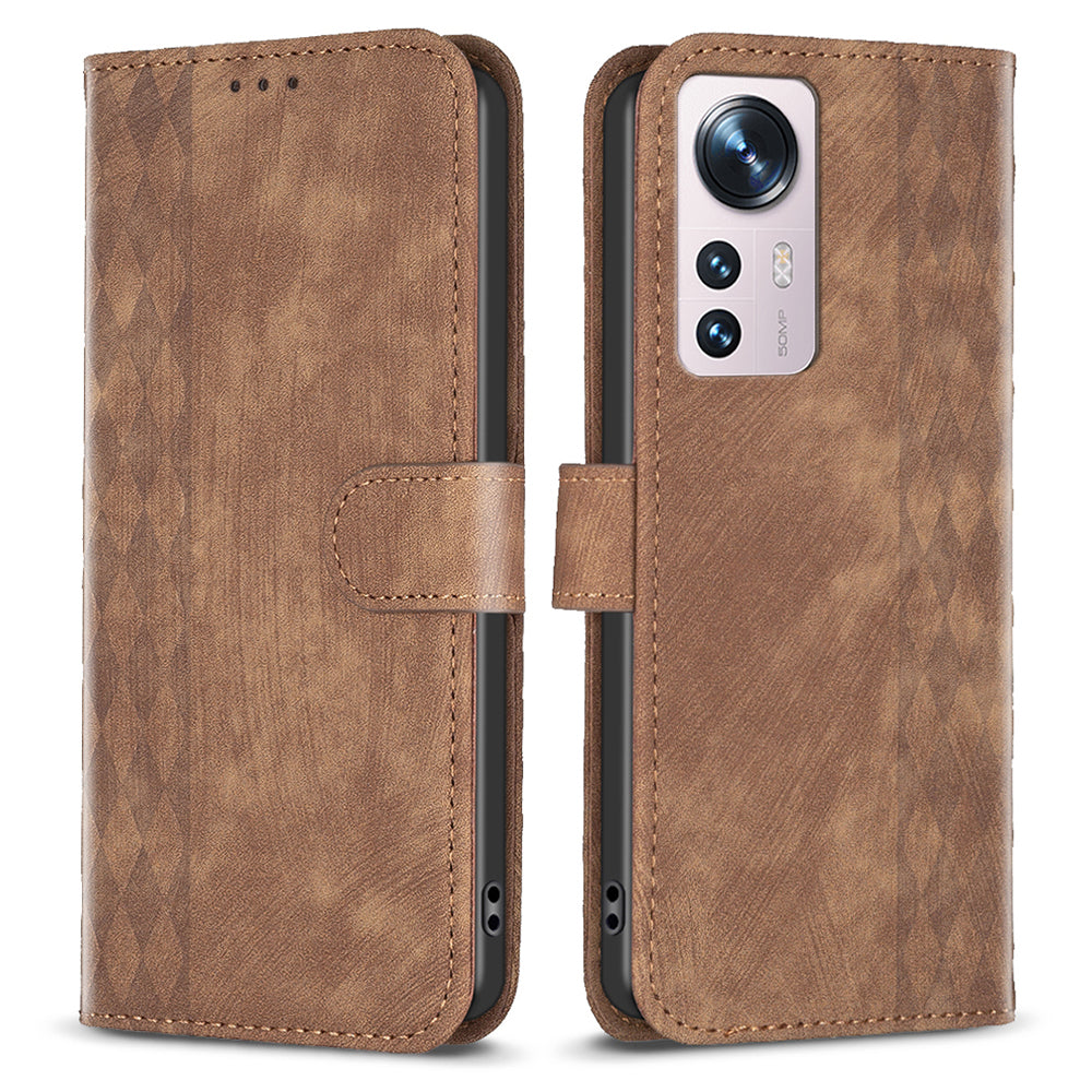 Grid Pattern Imprinted Cover for Xiaomi 12 5G / 12X 5G / 12S 5G Phone Case Stand Wallet PU Leather Shell