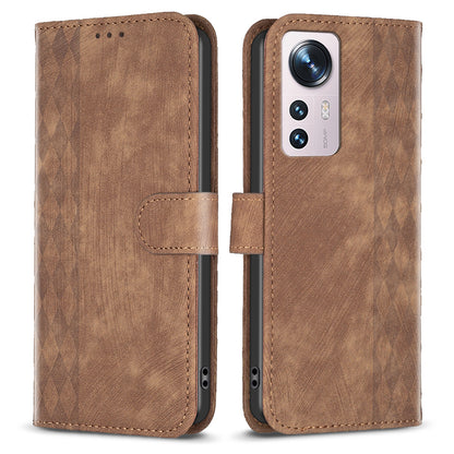 Grid Pattern Imprinted Cover for Xiaomi 12 5G / 12X 5G / 12S 5G Phone Case Stand Wallet PU Leather Shell