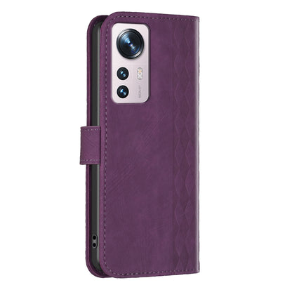 Grid Pattern Imprinted Cover for Xiaomi 12 5G / 12X 5G / 12S 5G Phone Case Stand Wallet PU Leather Shell