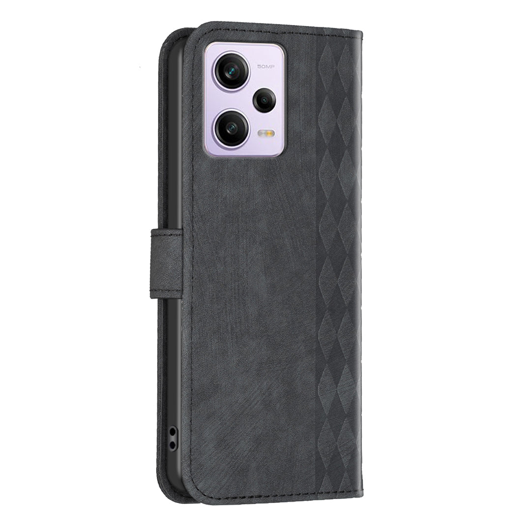 For Xiaomi Poco X5 Pro 5G / Redmi Note 12 Pro 5G / 12 Pro Speed 5G Phone Leather Case Grid Pattern Imprinted Stand Wallet Cover