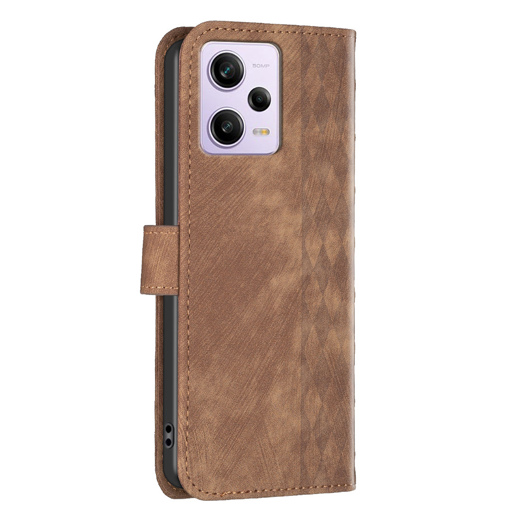 For Xiaomi Poco X5 Pro 5G / Redmi Note 12 Pro 5G / 12 Pro Speed 5G Phone Leather Case Grid Pattern Imprinted Stand Wallet Cover