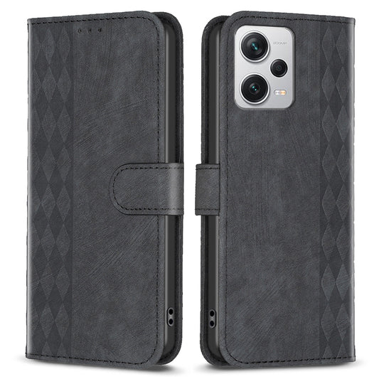 For Xiaomi Redmi Note 12 Pro+ 5G Leather Phone Case Imprinting Grid Wallet Stand Anti-drop Shell