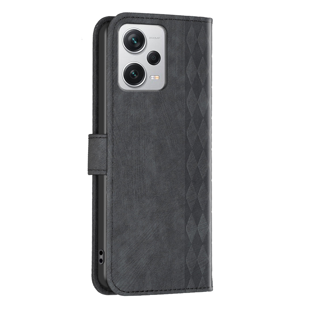 For Xiaomi Redmi Note 12 Pro+ 5G Leather Phone Case Imprinting Grid Wallet Stand Anti-drop Shell