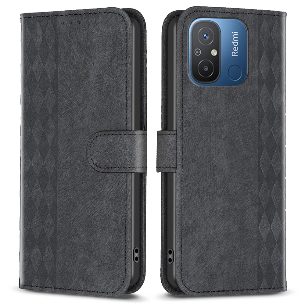 For Xiaomi Poco C55 4G / Redmi 12C 4G PU Leather Phone Case Grid Pattern Imprinted Cover with Stand Wallet