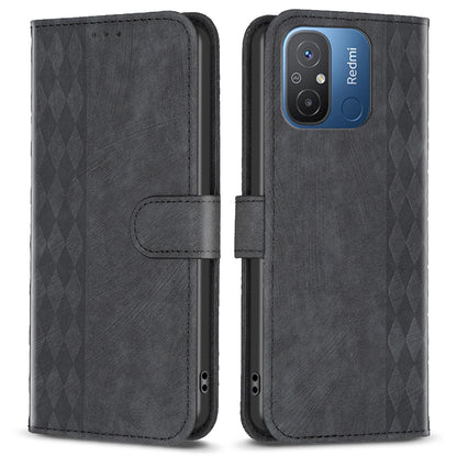 For Xiaomi Poco C55 4G / Redmi 12C 4G PU Leather Phone Case Grid Pattern Imprinted Cover with Stand Wallet