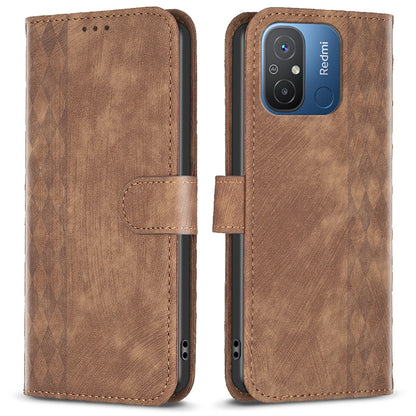 For Xiaomi Poco C55 4G / Redmi 12C 4G PU Leather Phone Case Grid Pattern Imprinted Cover with Stand Wallet