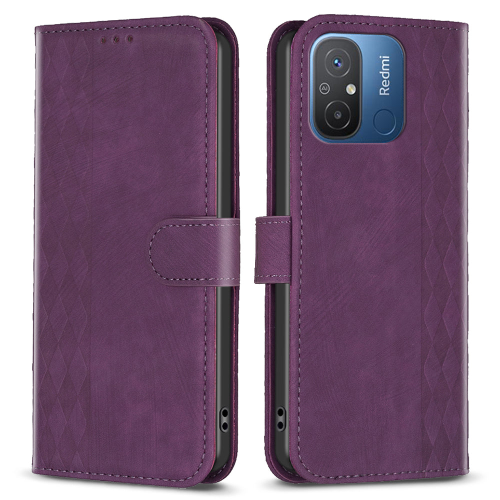 For Xiaomi Poco C55 4G / Redmi 12C 4G PU Leather Phone Case Grid Pattern Imprinted Cover with Stand Wallet