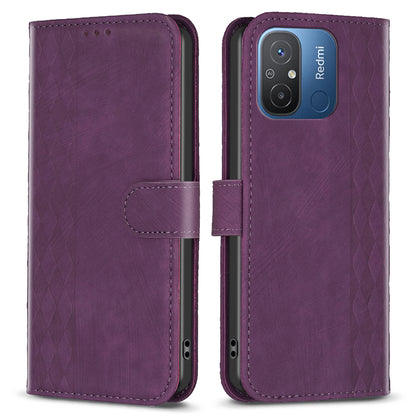 For Xiaomi Poco C55 4G / Redmi 12C 4G PU Leather Phone Case Grid Pattern Imprinted Cover with Stand Wallet