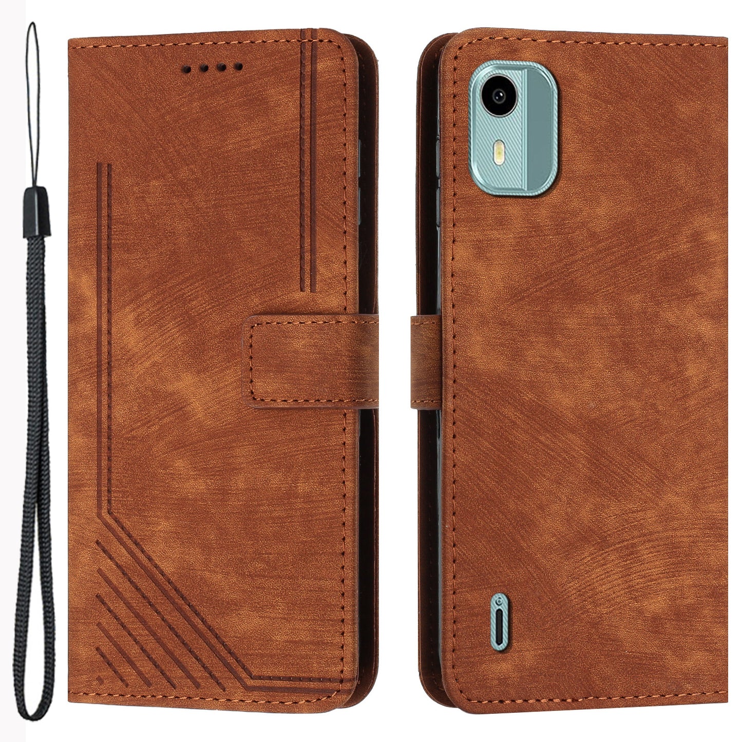 Flip Case for Nokia C12 4G / C12 Pro / C12 Plus Skin-touch Stand Imprinted Lines PU Leather Wallet Phone Cover