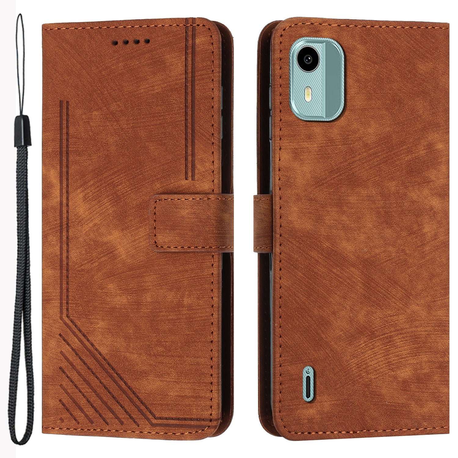 Flip Case for Nokia C12 4G / C12 Pro / C12 Plus Skin-touch Stand Imprinted Lines PU Leather Wallet Phone Cover
