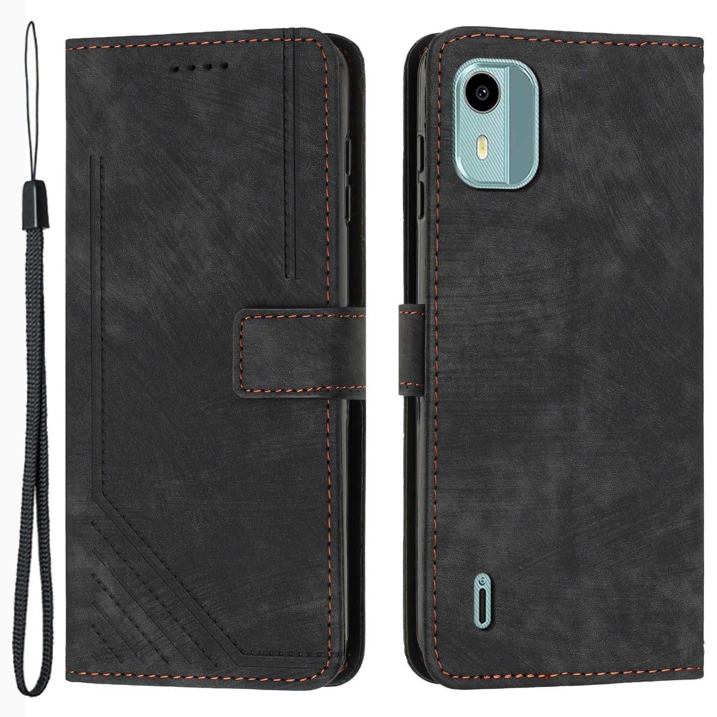 Flip Case for Nokia C12 4G / C12 Pro / C12 Plus Skin-touch Stand Imprinted Lines PU Leather Wallet Phone Cover