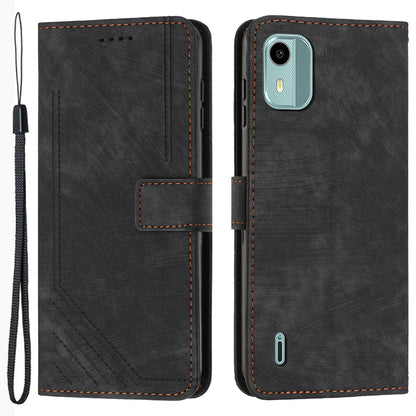 Flip Case for Nokia C12 4G / C12 Pro / C12 Plus Skin-touch Stand Imprinted Lines PU Leather Wallet Phone Cover