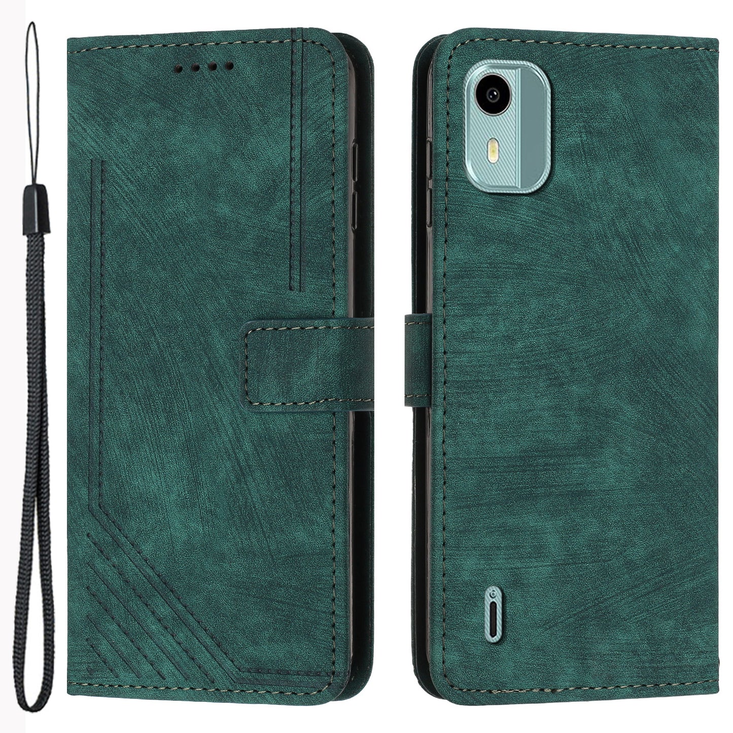 Flip Case for Nokia C12 4G / C12 Pro / C12 Plus Skin-touch Stand Imprinted Lines PU Leather Wallet Phone Cover