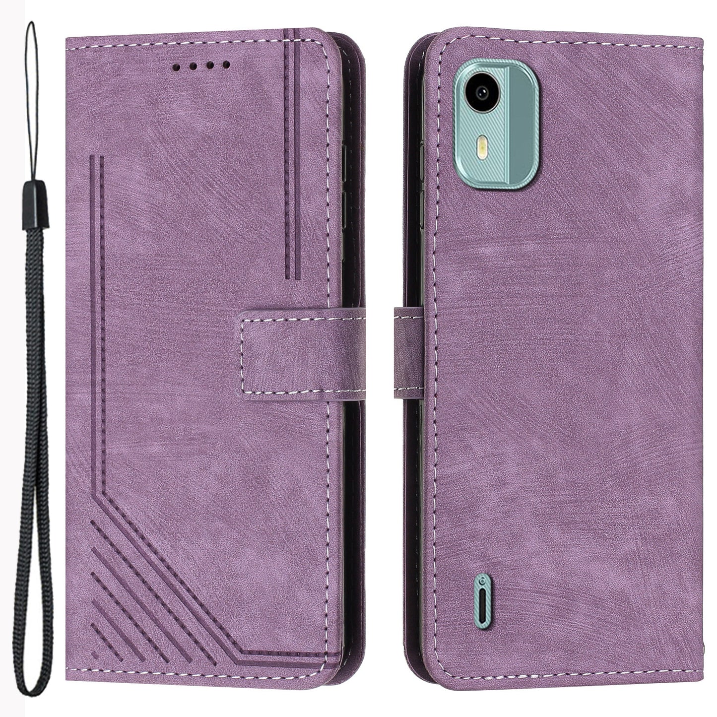 Flip Case for Nokia C12 4G / C12 Pro / C12 Plus Skin-touch Stand Imprinted Lines PU Leather Wallet Phone Cover