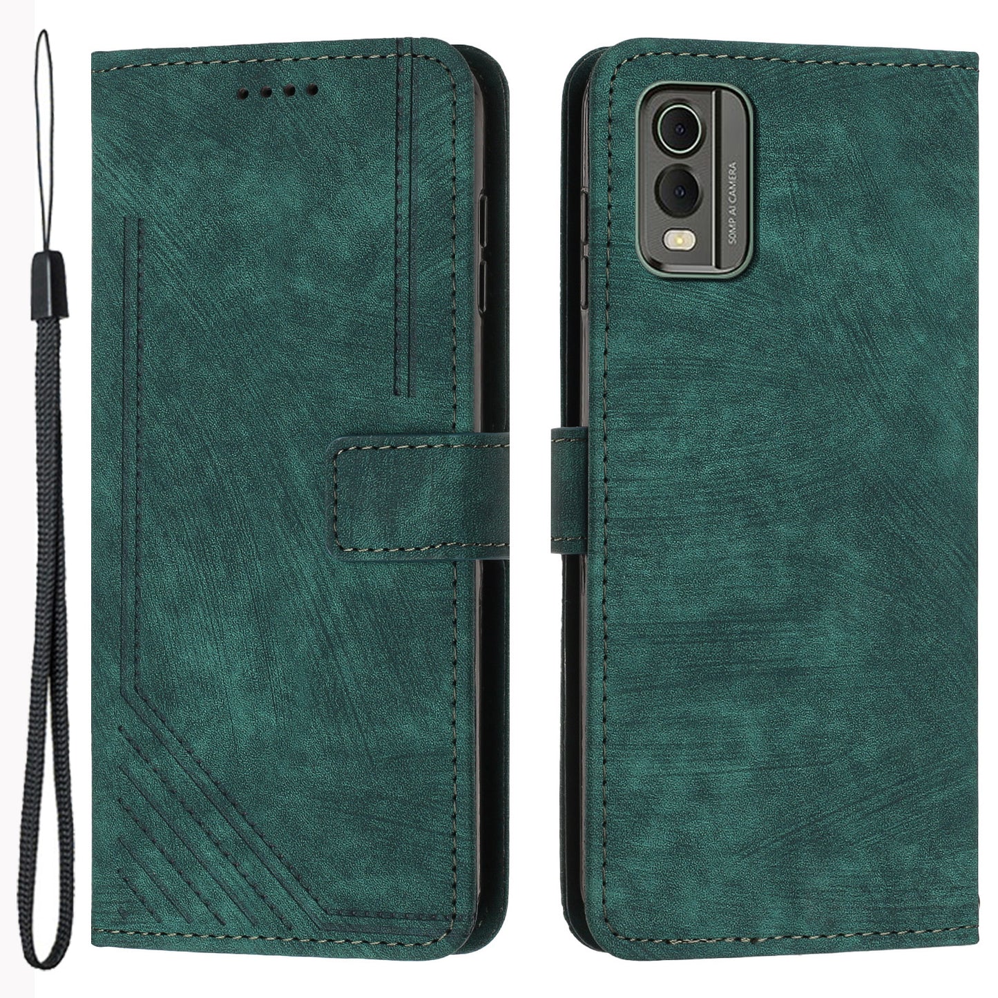 Stand Wallet Shell for Nokia C32 (TA-1534) Skin-touch Imprinted Lines Flip Case PU Leather Phone Cover