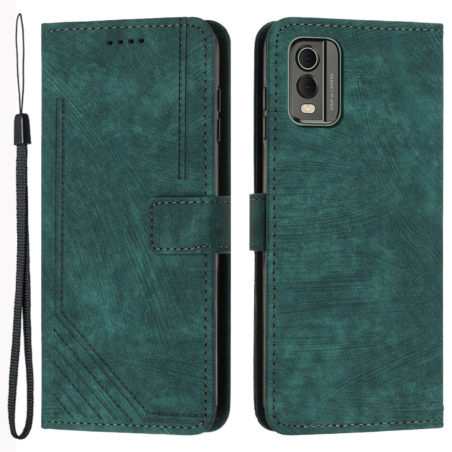 Stand Wallet Shell for Nokia C32 (TA-1534) Skin-touch Imprinted Lines Flip Case PU Leather Phone Cover