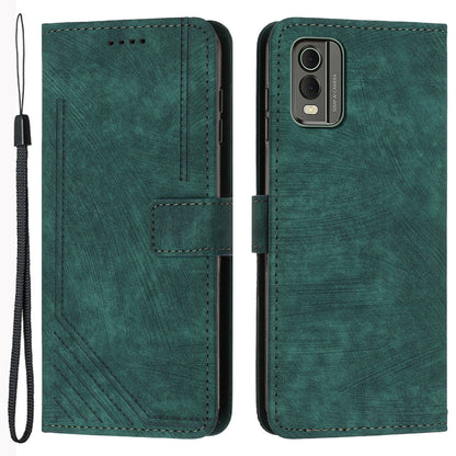 Stand Wallet Shell for Nokia C32 (TA-1534) Skin-touch Imprinted Lines Flip Case PU Leather Phone Cover