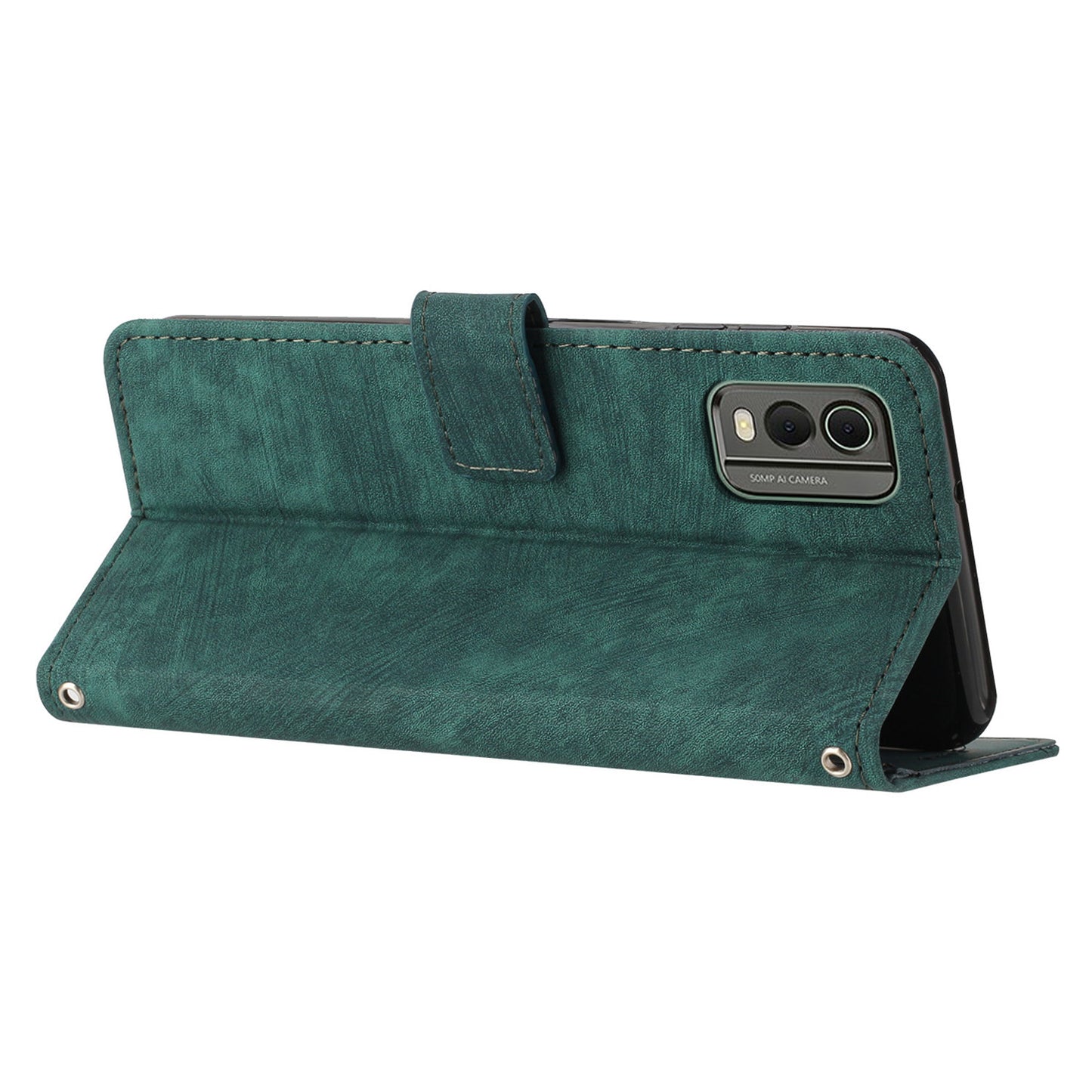 Stand Wallet Shell for Nokia C32 (TA-1534) Skin-touch Imprinted Lines Flip Case PU Leather Phone Cover