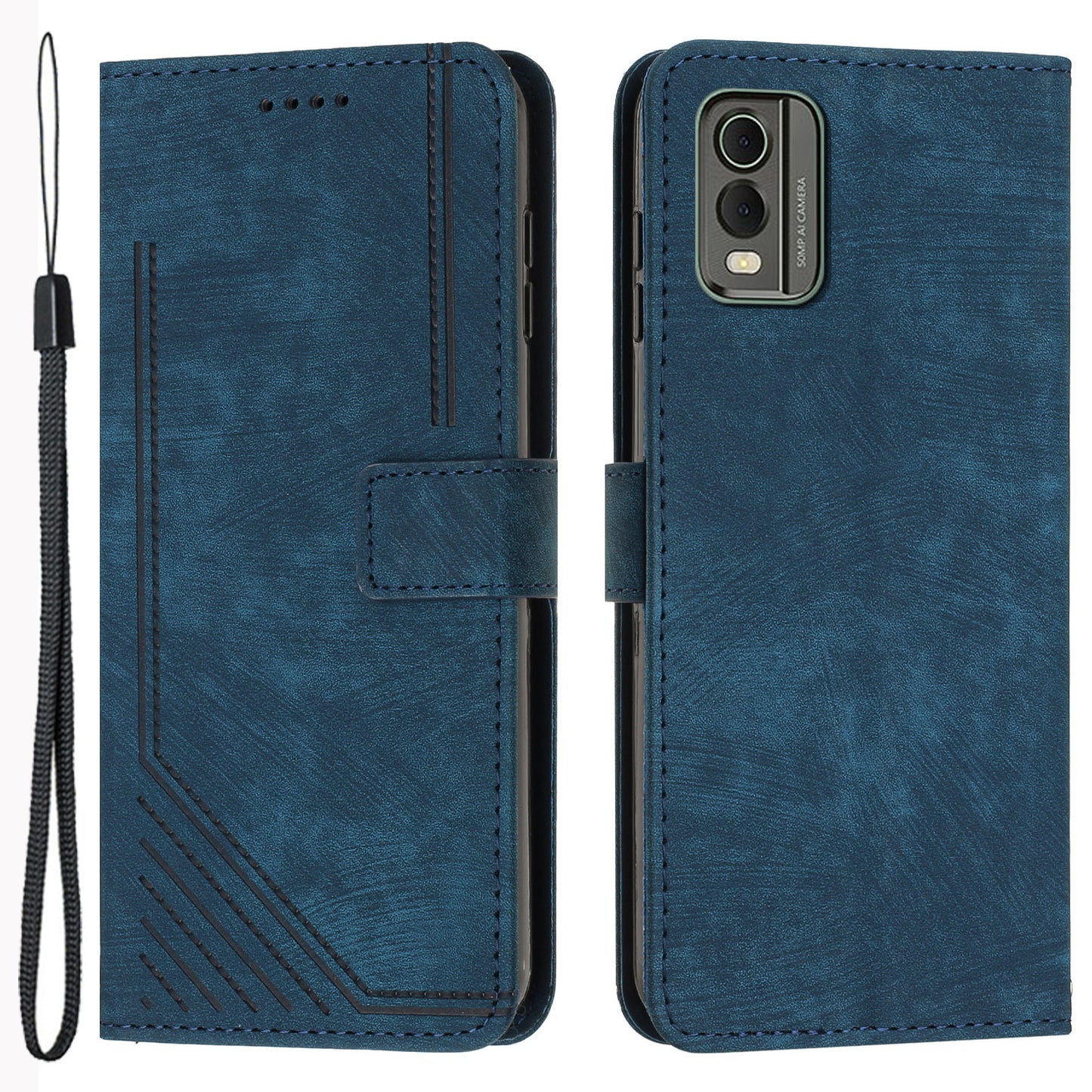 Stand Wallet Shell for Nokia C32 (TA-1534) Skin-touch Imprinted Lines Flip Case PU Leather Phone Cover
