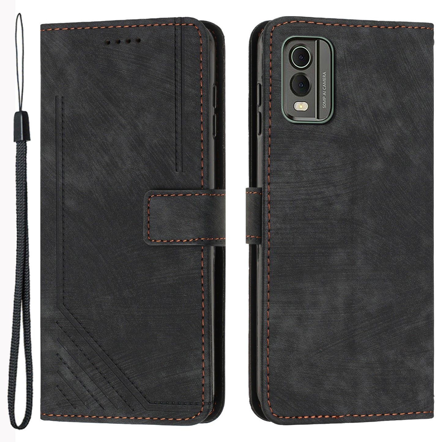 Stand Wallet Shell for Nokia C32 (TA-1534) Skin-touch Imprinted Lines Flip Case PU Leather Phone Cover