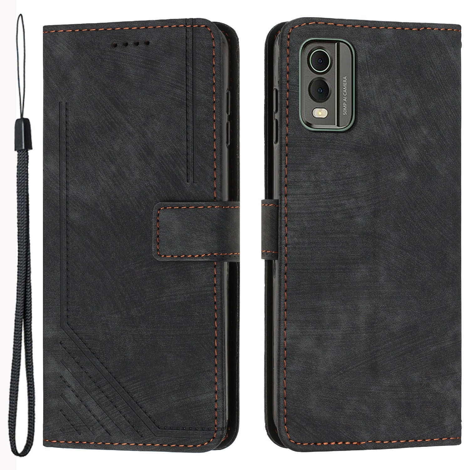 Stand Wallet Shell for Nokia C32 (TA-1534) Skin-touch Imprinted Lines Flip Case PU Leather Phone Cover