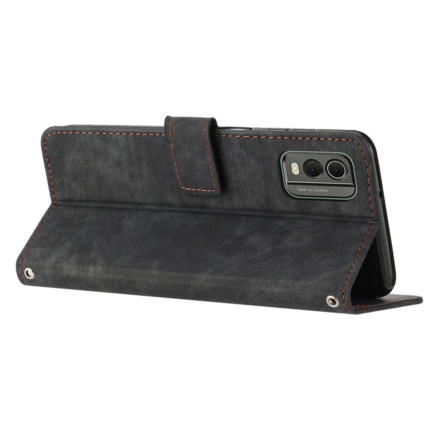 Stand Wallet Shell for Nokia C32 (TA-1534) Skin-touch Imprinted Lines Flip Case PU Leather Phone Cover