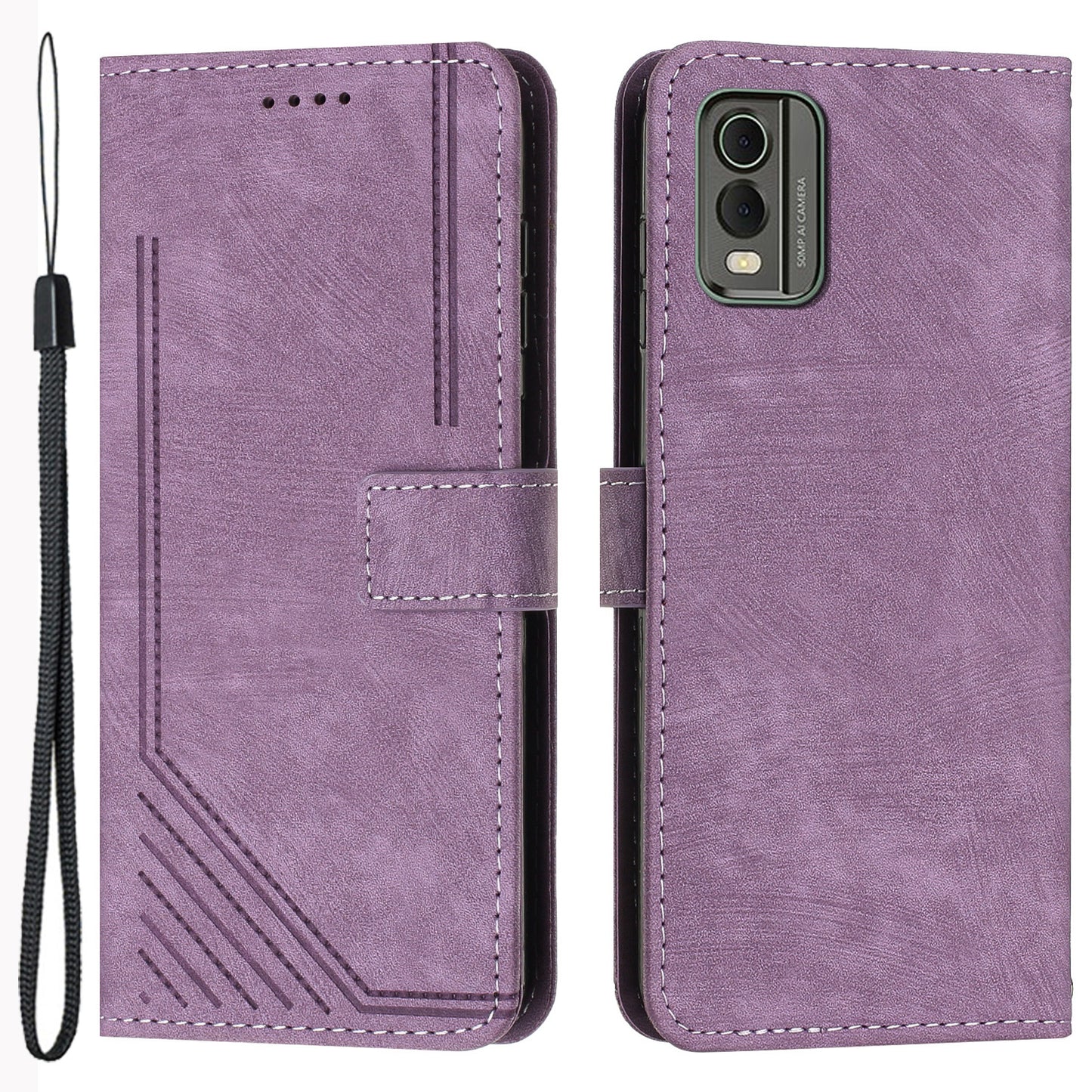 Stand Wallet Shell for Nokia C32 (TA-1534) Skin-touch Imprinted Lines Flip Case PU Leather Phone Cover