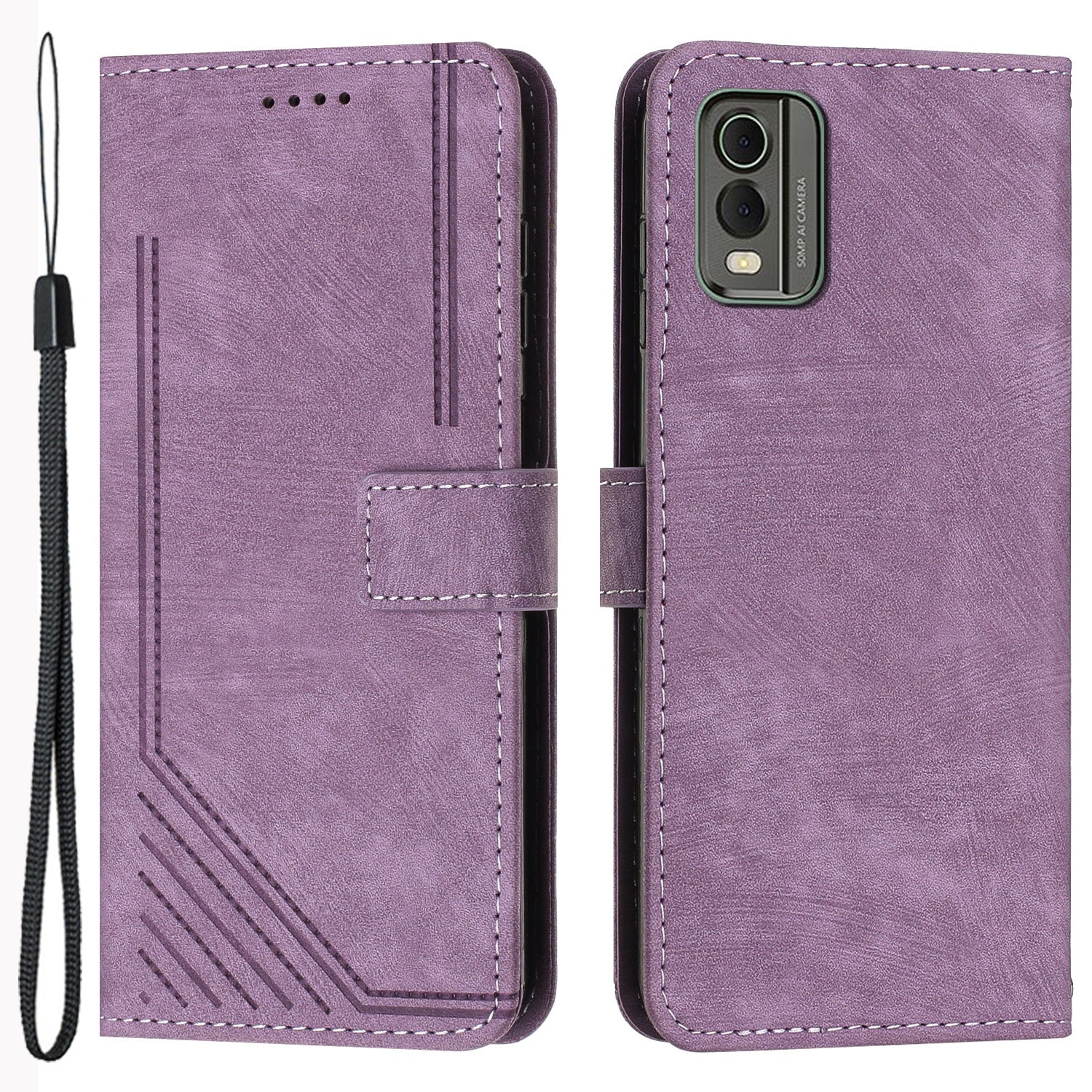 Stand Wallet Shell for Nokia C32 (TA-1534) Skin-touch Imprinted Lines Flip Case PU Leather Phone Cover